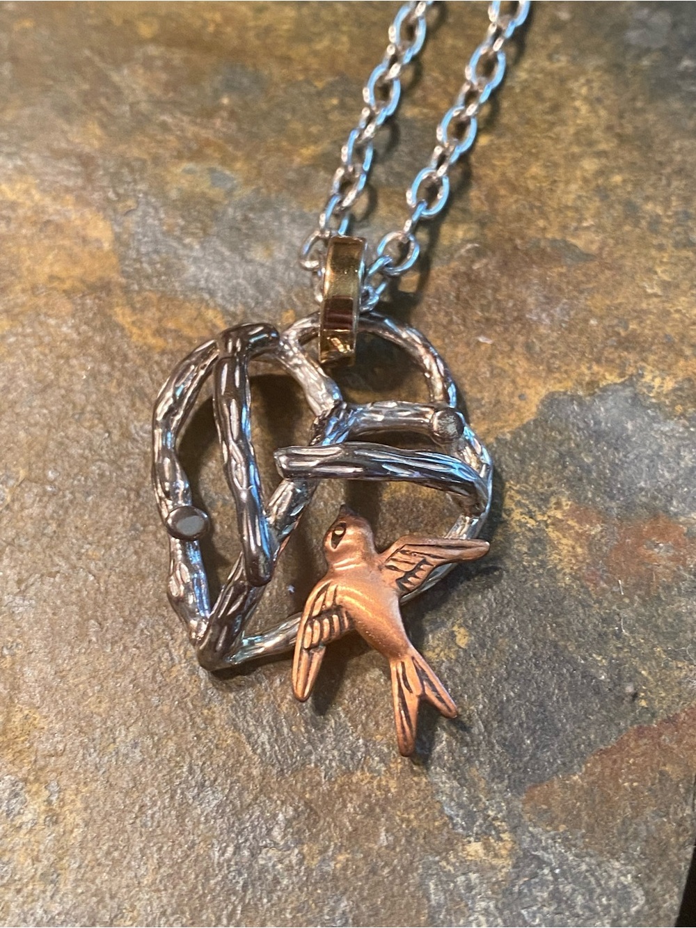 Handcrafted Brass Copper & 925 SS Bird Pendant Necklace - Two-Tone Heart Design